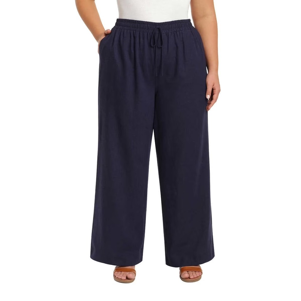 Briggs Women's Linen Blend Pull-On Pant Wide Relaxed Leg, Navy, Size: XL, New